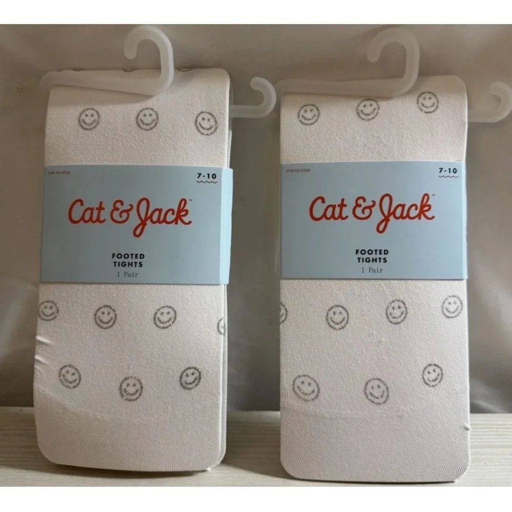 Cat & Jack Girls Footed Tights White Silver Glitter Smiley Face Size 7-10 2 Pack